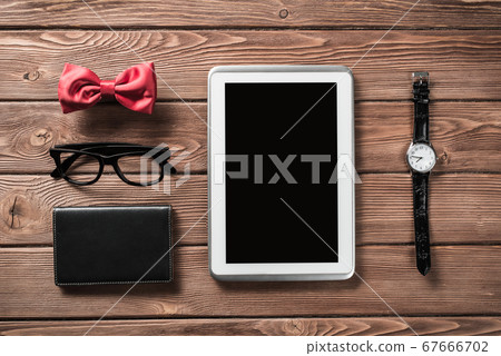 Hipster set on wooden table 67666702