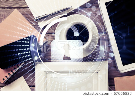 Business workplace with tablet pc and security concept on screen Business workplace with tablet pc and security concept on screen 67666823