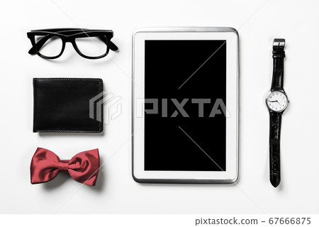 Gentleman kit of tablet watch glasses bow tie and notebook on wo Gentleman kit of tablet watch glasses bow tie and notebook on wo 67666875