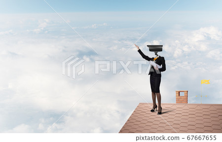 Concept of security and privacy protection with camera headed woman Concept of security and privacy protection with camera headed woman 67667655