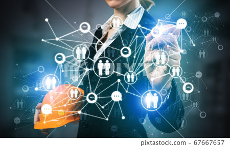 Businesswoman with abstract social network Businesswoman with abstract social network 67667657