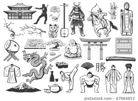 Japan icons with Asian food, religion and culture-插圖素材 [67668853] - PIXTA圖庫