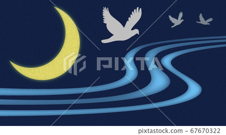 Crescent moon and three birds 67670322
