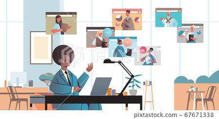 businessman chatting with mix race colleagues during video call business people having online conference 67671338