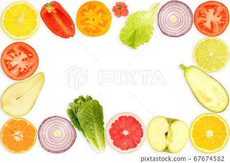 Top view of frame fresh cut vegetables and fruits Top view of frame fresh cut vegetables and fruits 67674582