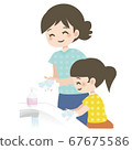 Hand wash _ mom and daughter _ smile _ background white 67675586
