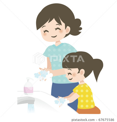 Hand wash _ mom and daughter _ smile _ background white 67675586