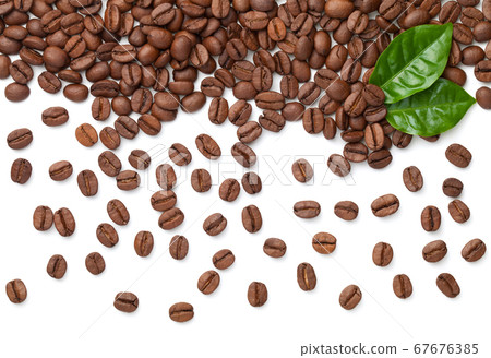 Coffee Beans With Fresh Green Leaves Isolated 67676385