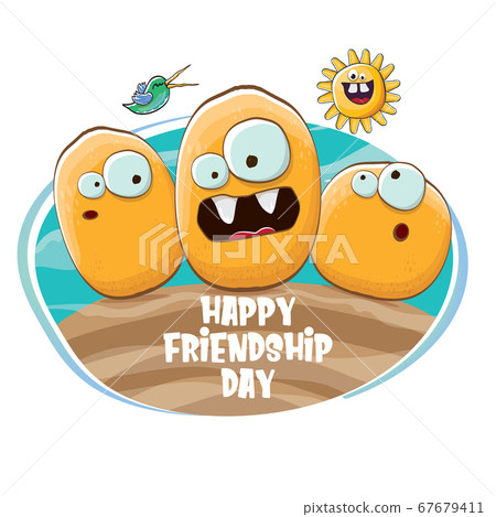 Happy friendship day banner with friends tiny kids potato characters having fun on green field. Happy Friendship day vector illustration. funky kids potato with friends 67679411