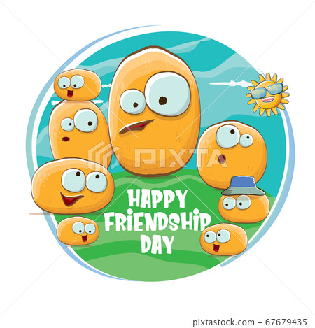 Happy friendship day banner with friends tiny kids potato characters having fun on green field. Happy Friendship day vector illustration. funky kids potato with friends 67679435