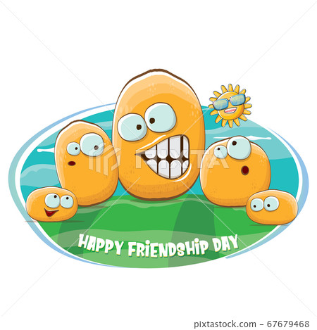 Happy friendship day banner with friends tiny kids potato characters having fun on green field. Happy Friendship day vector illustration. funky kids potato with friends 67679468