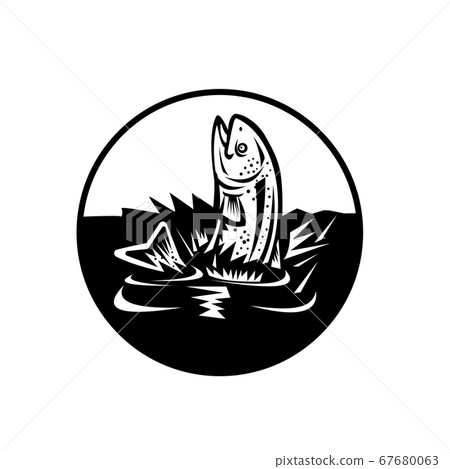 Rainbow Trout Jumping Up Water Retro Woodcut Black 67680063