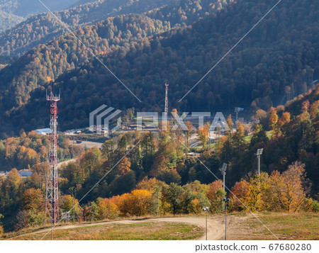 Panorama view of Rosa Khutor ski resort, year-round mountain resort near Sochi, Russia. 67680280