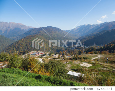 Panorama view of Rosa Khutor ski resort, year-round mountain resort near Sochi, Russia. 67680281