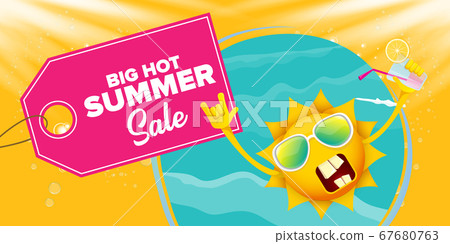 summer sale cartoon horizontal web banner or vector label with happy sun character wearing sunglasses and holding cocktail isolated on horizontal background summer sale cartoon horizontal web banner or vector label with happy sun character wearing sunglasses and holding cocktail isolated on horizontal background 67680763