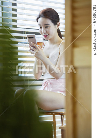 Smartphone, Tea Time, Tea Therapy, Foot Bath, Healing, Young Woman Smartphone, Tea Time, Tea Therapy, Foot Bath, Healing, Young Woman 67680793