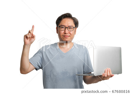 Business people holding laptop on isolated white 67680816