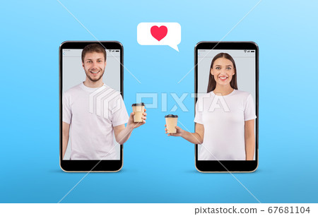 Collage of two lovers standing on phone screens holding coffee Collage of two lovers standing on phone screens holding coffee 67681104