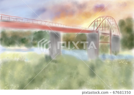 Illustration of sunset and Tengu Bridge Illustration of sunset and Tengu Bridge 67681350