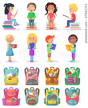 Pupil Reading Book, School Bag, Study Sign Vector 67681351