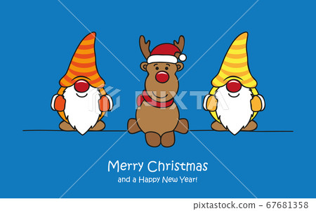 merry christmas greeting card with cute funny dwarf and deer merry christmas greeting card with cute funny dwarf and deer 67681358