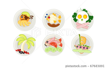 Food Arranged in the Shape of Pirate and Fish on Plate Above View Vector Illustration Food Arranged in the Shape of Pirate and Fish on Plate Above View Vector Illustration 67683891