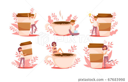 Young People Character and Huge Coffee Cup with Floral Backdrop Vector Illustrations Set 67683998