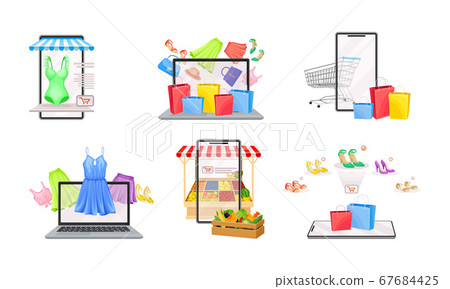 Online Shop App on Smartphone and Laptop Screen with Shopping Items in Basket Vector Set Online Shop App on Smartphone and Laptop Screen with Shopping Items in Basket Vector Set 67684425