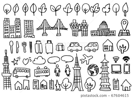 Handwriting icon set-buildings and vehicles 67684615