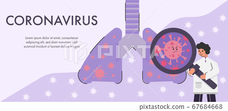 Doctor examine coronavirus in lung with magnifying glass. Concept covid-19 vector illustration. Doctor examine coronavirus in lung with magnifying glass. Concept covid-19 vector illustration. 67684668