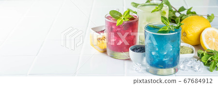 Selection of matcha lemonades - green, blue, red on white background Selection of matcha lemonades - green, blue, red on white background 67684912