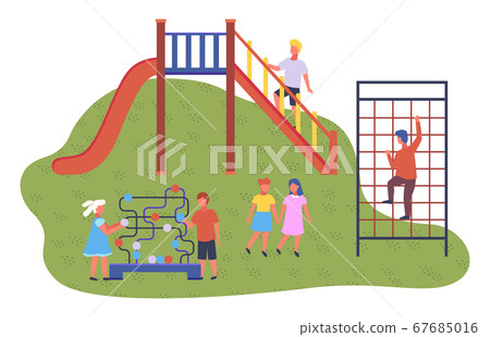 Modern kindergarten. Various training ground and playground. Games for logical thinking. Flat image 67685016