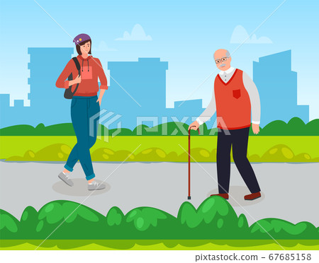 People in a city park. Girl with backpack, old man with a cane and glasses. Urban lifestyle People in a city park. Girl with backpack, old man with a cane and glasses. Urban lifestyle 67685158