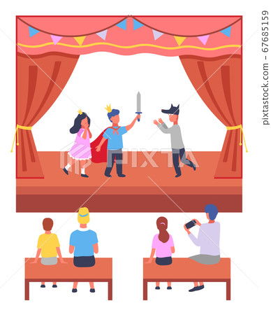 School children s theater performance. Parents watch the theatrical and take photos. Flat image School children s theater performance. Parents watch the theatrical and take photos. Flat image 67685159