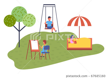 Modern kindergarten. Sandbox, swing, education, children playing on playground. Flat image Modern kindergarten. Sandbox, swing, education, children playing on playground. Flat image 67685160