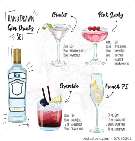 Hand Drawn Colorful Summer Gin Cocktail Drink Set Gimlet Pink Lady Bramble French 75 67685261