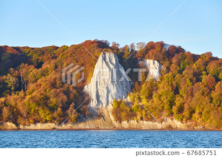 Rugen Island chalk cliffs at sunrise, Germany. 67685751