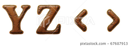 Set of leather letters Y, Z and symbol left, right angle bracket uppercase. 3D render font with skin texture isolated on white background. 67687913