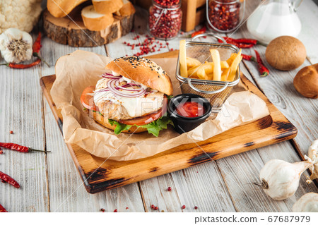 Chicken breast burger set with cheese sauce Chicken breast burger set with cheese sauce 67687979