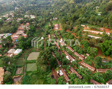 Aerial Drone Shot of Terraces on a Slope of Mountain in Lushoto village in Usambara Mountains. Remote Place in Tanga Province, Tanzania, Africa 67688037