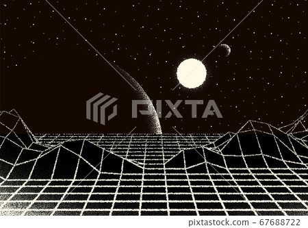 Retro dotwork landscape with 80s styled laser grid, planet, sun and stars background from old sci-fi book or poster 67688722