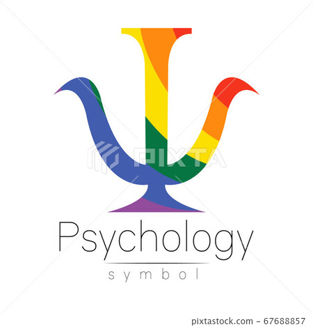 Modern logo of Psychology. Psi. Creative style. Logotype in vector. Design concept. Brand company. Rainbow color letter on white background. Symbol for web, print, card, flyer. 67688857