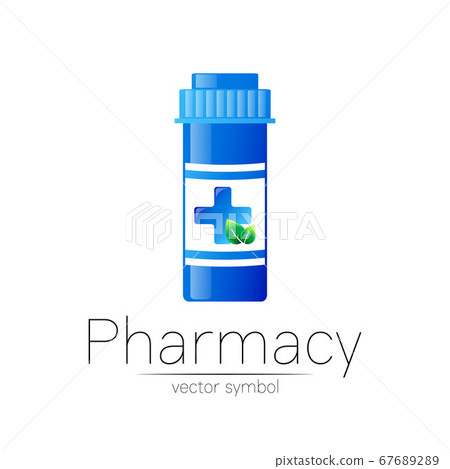 Pharmacy vector symbol with blue pill bottle and green leaf, cross for pharmacist, pharma store, doctor and medicine. Modern design vector logo on white background. Pharmaceutical icon logotype . 67689289