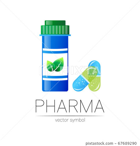 Pharmacy vector symbol with blue pill bottle and capsule tablet for pharmacist, pharma store, doctor and medicine. Modern design vector logo on white background. Pharmaceutical icon logotype . Health 67689290