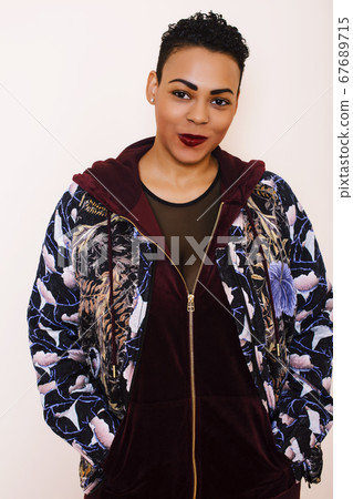 pretty stylish african american big woman well dressed. swag relax at home, fashion look clothers 67689715