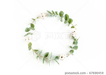 Wreath frame made of branches eucalyptus, leaves and cotton isolated on white background. flat lay, top view 67690459