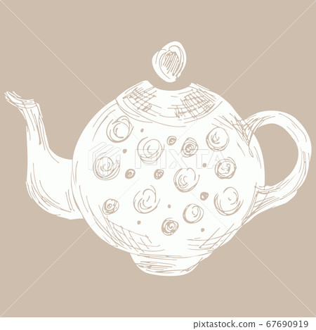 Hand drawn tea kettle illustration in engraving 67690919