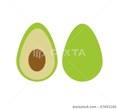 Whole and cut avocado fruit inside in flat style 67691280