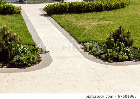 marble stone walking path and stone edge with lawn green grass and pine plantations and bushes on a sunny spring day. marble stone walking path and stone edge with lawn green grass and pine plantations and bushes on a sunny spring day. 67691965
