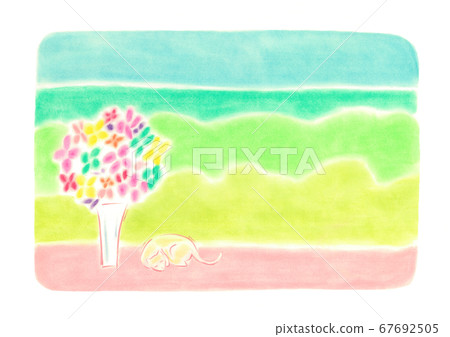 一隻貓在花瓶旁邊睡覺,綠色和大海為背景 一隻貓在花瓶旁邊睡覺,綠色和大海為背景 67692505